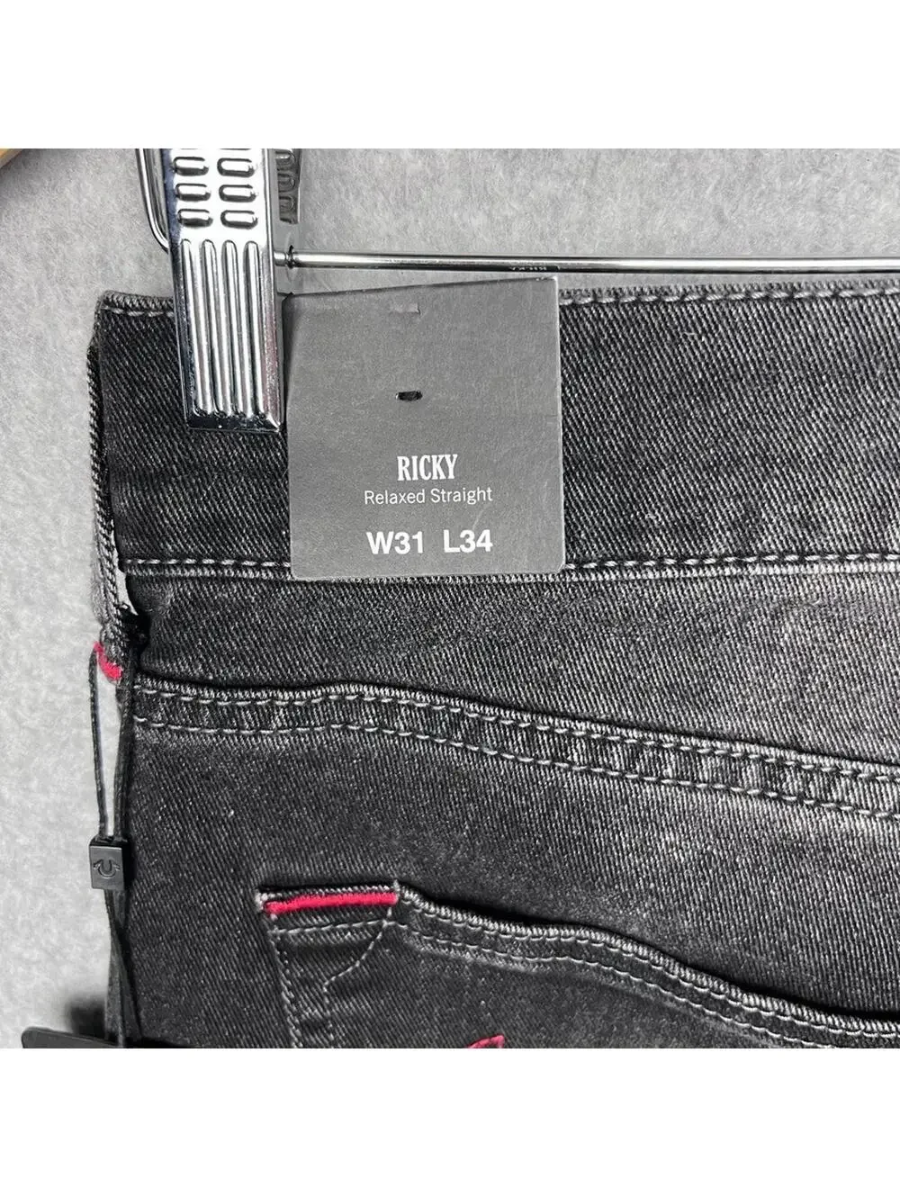 True Religion Ricky Relax Straight Jeans W31 L34 Black Red Stitch Y2K Baggy New